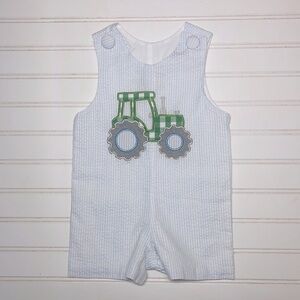 BANANA SPLIT EUC Seersucker Gingham Embroidered Appliqué Tractor John John